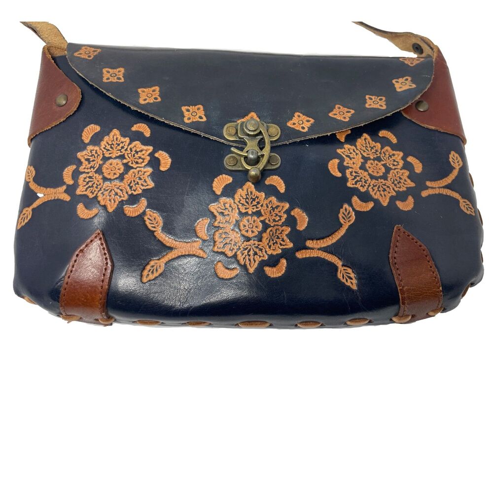 Small Vintage Blue Boho Floral Hand Crafted Tooled Leather Shoulder Bag